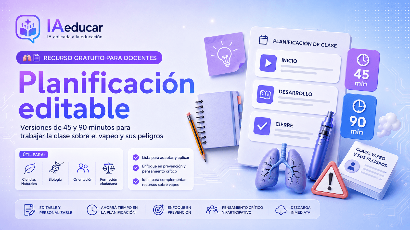 Documento editable con planificaciones para una clase sobre los peligros de vapear